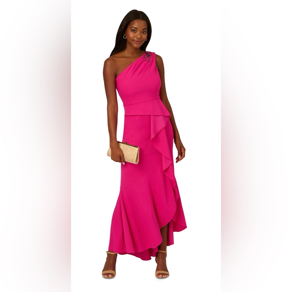 Adrianna Papell Women’s Beaded One Shoulder Crepe Gown, Fuschia, Size 6